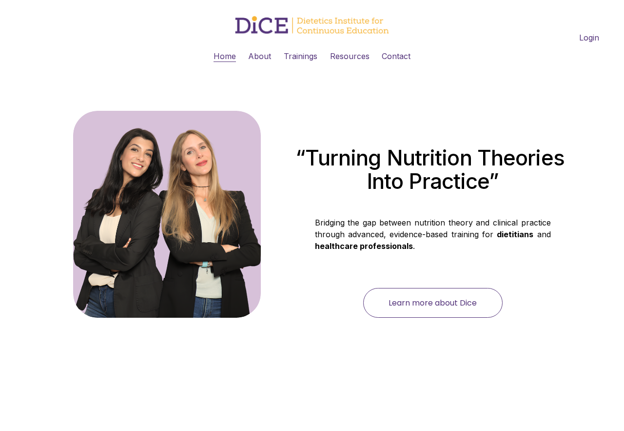DICE Institute website offering evidence-based clinical nutrition training for dietitians and healthcare professionals